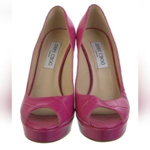 Jimmy Choo Women's 7.5, 37.5 Pink Aligator Animal Peep Toe High Heels Pumps